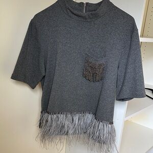 Chic Gray Fringe Tee with Beaded Pocket